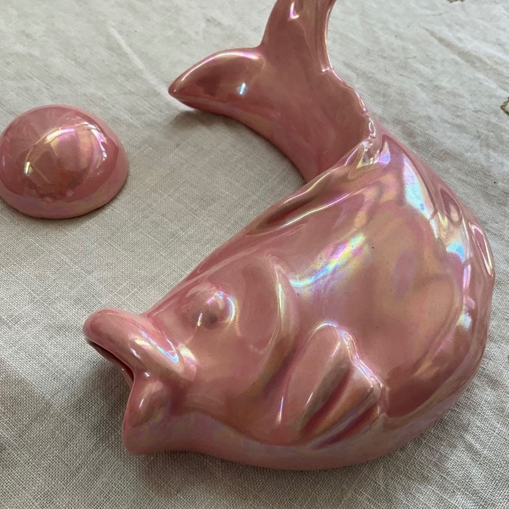 Vintage Pink Iridescent Ceramic Fish Wall Hanging Set 6pc Lusterware Bubbles MCM - Picture 2 of 9